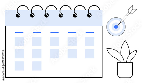 Spiral calendar with marked days, a dartboard with arrow hitting the center, and a potted plant. Ideal for planning, scheduling, goal achievement, productivity, time management focus growth. Simple