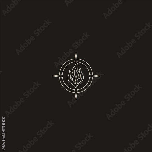 Compass and fire line art direction with burning passion logo design.