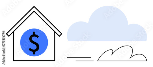 House outline with a dollar sign, wind lines, cloud. Ideal for housing, finance, economy, mortgage, investment forecast change. Clean simple flat metaphor