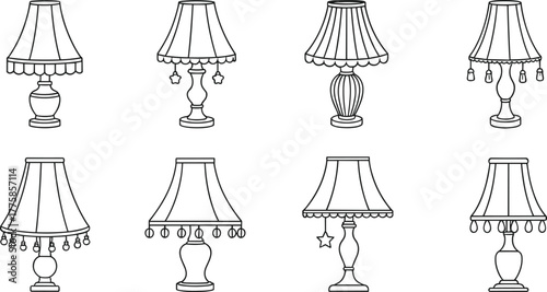 Eight elegant vintage table lamp vector illustration, classic home lighting decor, antique lamp design silhouette, black and white drawing