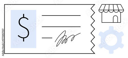 Payment receipt featuring dollar sign and signature alongside a storefront and gear representing commerce, business operations, and transactions. Ideal for finance, retail, management, and process