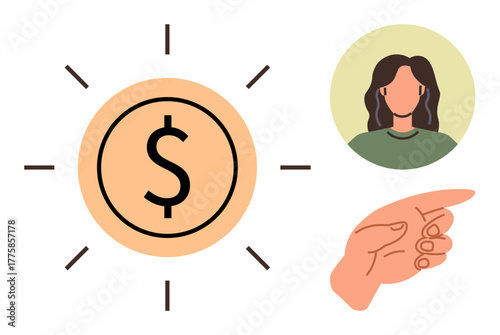 Dollar sign surrounded by rays, female avatar in profile, and hand pointing right. Ideal for finance, savings, advice, income, investment coaching guidance. A simple flat metaphor