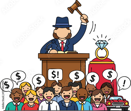 Auctioneer Hammering Sale Diamond Ring Diverse Crowd Bidding Car Prize