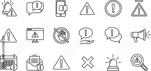 Alert Icon Set Outline Style, Warning Symbols on Transparent Background