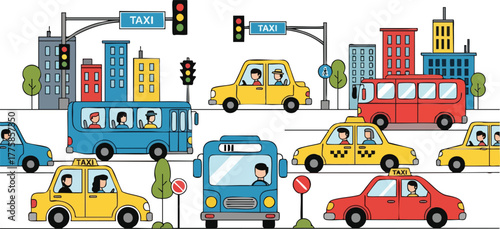 Busy City Street with Traffic Lights Buses Taxis and Cars Under Pixelated Buildings