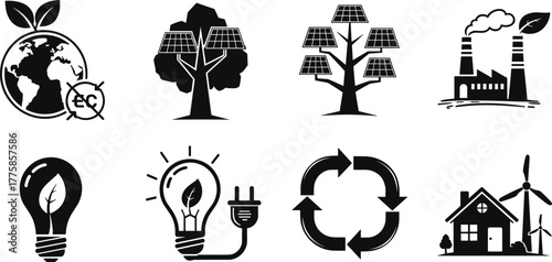 Eco icons, renewable energy symbols, solar power, green electricity, recycling, sustainable living, tree panels, wind turbine, eco factory, leaf bulb