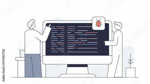 Vector illustration of programmers debugging code. Two developers analyze a software error on a computer monitor, showcasing teamwork and problem-solving concepts