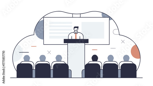 Minimalist line art illustration of a business professional delivering a presentation at a conference, speaking to an engaged audience