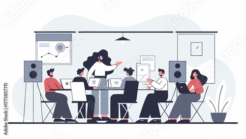 A dynamic female leader conducting a corporate training session for her team in a modern office. Illustration of a business presentation about market analysis and strategy