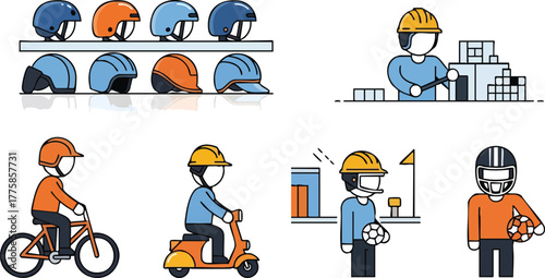 Collection Of Pixel Art Illustrations Showing Protective Helmets And Construction Workers And Transportation Methods