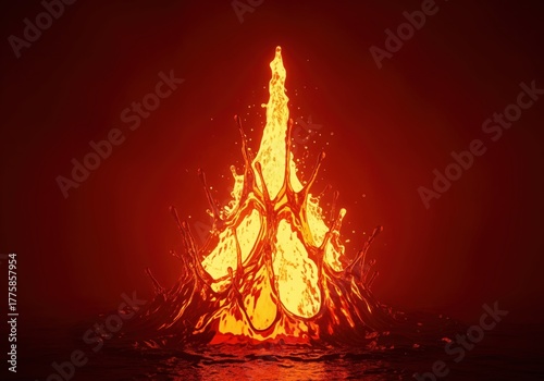 Dramatic eruption of glowing viscous liquid forming a chaotic fiery splash vortex.