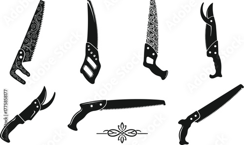 Decorative hand saw and pruning shears vector set, vintage woodworking tools illustration, ornate black silhouette design, detailed carpentry equipment icons