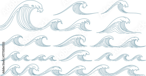 Blue Line Art Ocean Waves Collection, Isolated on White, Sea, Abstract, Water