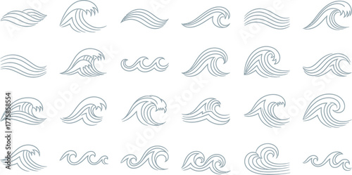 Blue Line Art Wave Patterns, Ocean Water Surface Designs on White Background