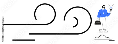 Businessman with a briefcase holding a glowing light bulb amid dynamic wind swirls suggesting creativity, innovation, solution-finding, and progress. Ideal for business, strategy, growth, motivation