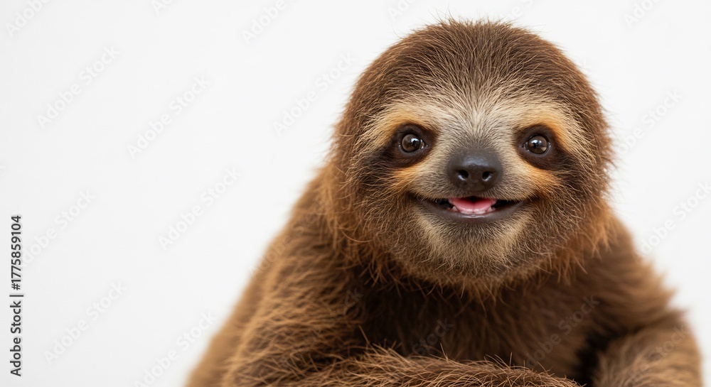 Naklejka premium Joyful baby sloth beams sweetly with an infectious smile captured brightly against a pristine white studio background. AI Generated