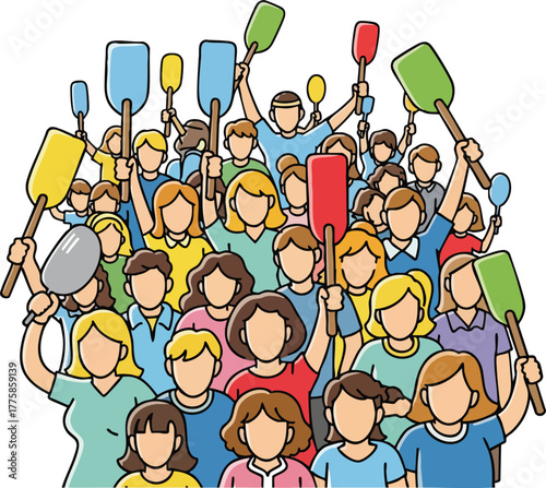 Diverse Crowd Holding Colorful Paddle Signs in Protest Gathering and Demonstration Against White Background