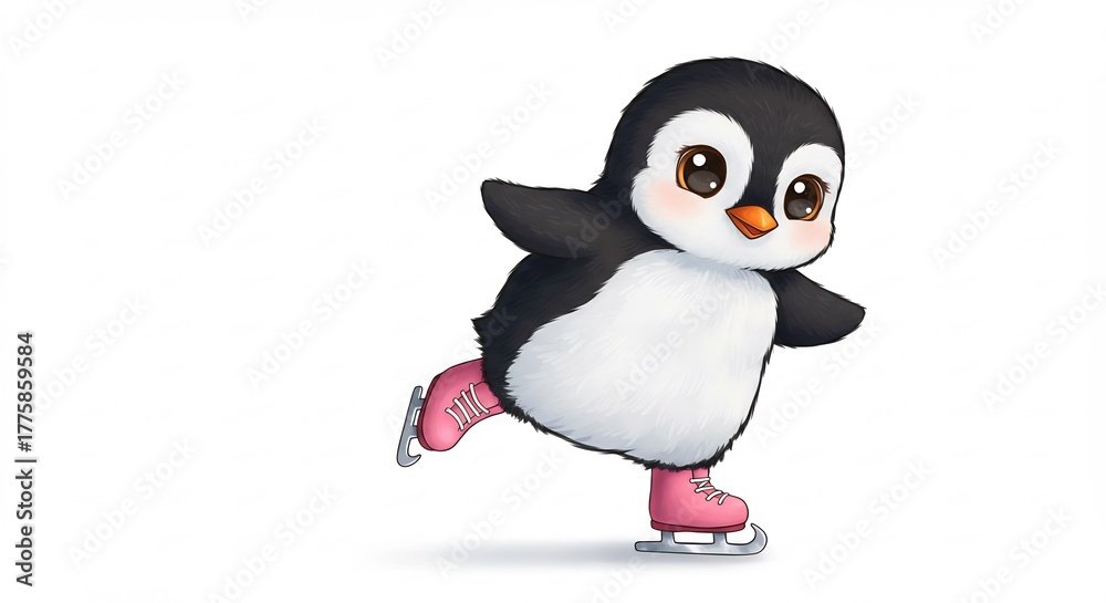 Obraz premium Playful animated penguin happily ice skates in cute pink boots against a clean white background bright cheerful children art. AI Generated