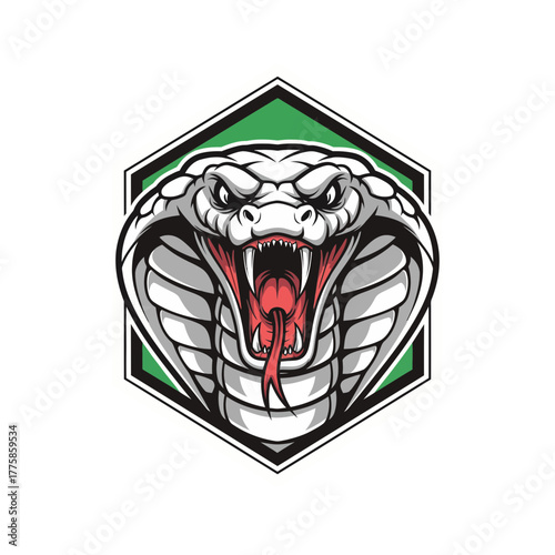 Fierce white cobra snake head mascot design element with an aggressive expression on a green shield