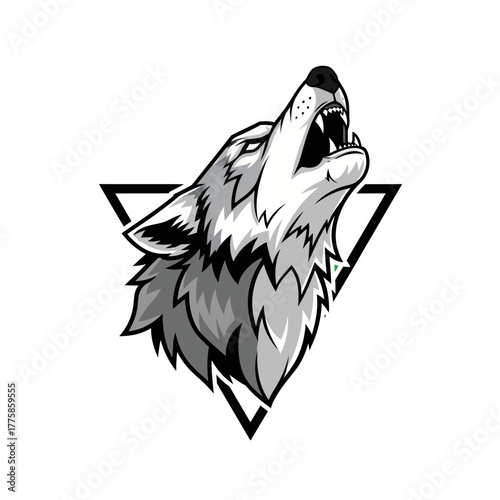 Detailed Black and White Wolf Head with Triangle Design Vector Illustration on White