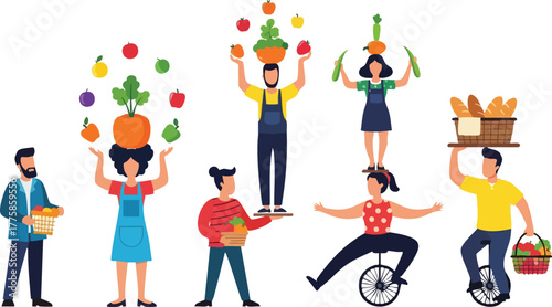 Diverse group of people juggling fruits vegetables and bread celebrating abundance and healthy eating vibrant pixel art style