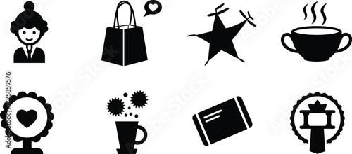 Creative vector icons of businesswoman, coffee cup, shopping bag, award badge, and celebration symbols for branding and marketing design