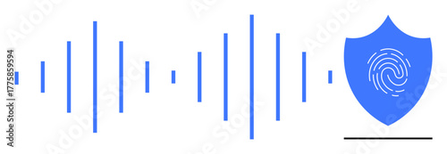 Soundwave lines next to a shield containing a fingerprint, symbolizing voice biometrics and data security. Ideal for authentication, encryption, privacy, cybersecurity, AI technology, access control