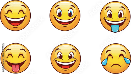 Cartoon Emoticons Set with Happy, Smiling, Silly, Sad Expressions on White