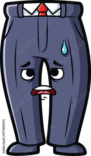 Cartoon Gray Pants Character With Anxious Face and Sweat Droplets Wearing White Shirt and Red Tie