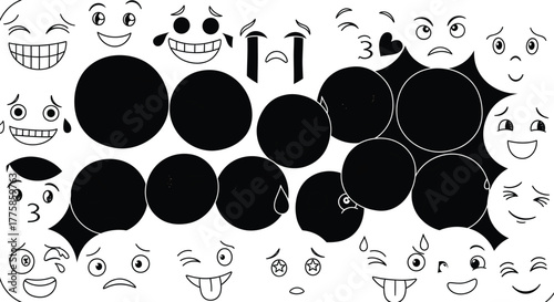 Cartoon Face Expressions Set With Different Emotions In Black And White Outlines