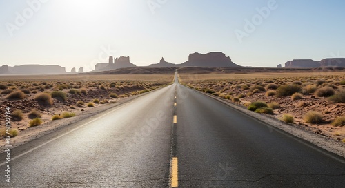 Long straight desert road bathed in bright sunlight stretching towards distant majestic rock formations. AI Generated