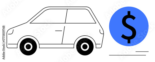 Simple car outline next to blue dollar circle conveying affordability, loans, insurance, and eco-transport ideas. Ideal for mobility, economy, auto trade, investment, financial aid or taxes concepts