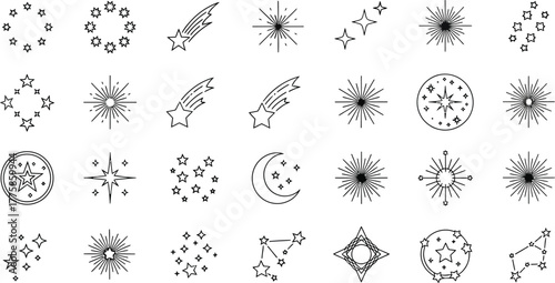 Celestial Star Elements Outline Starburst, Comet, Constellation, Moon and Star icon