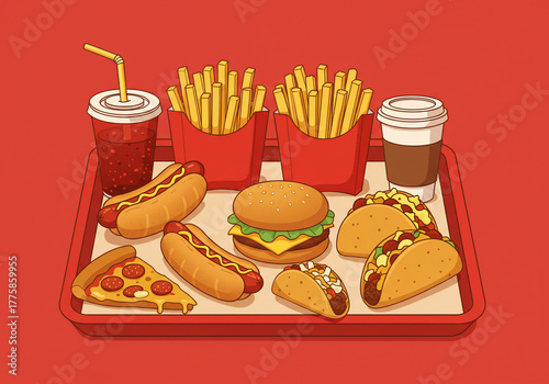An illustration of a tray filled with fast food items including a burger, hot dogs, fries, pizza, tacos, and drinks, against a red background.