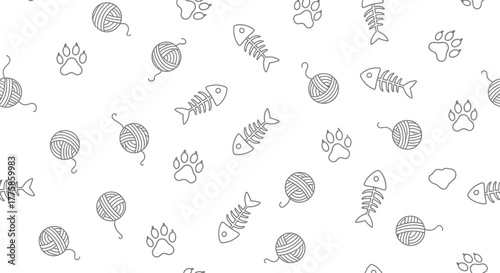 Cat Paw Prints, Yarn Balls, and Fish Bones Pattern on a White Background, Line Art