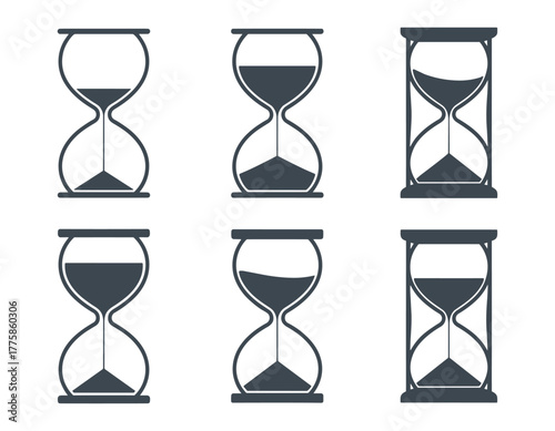 Set of six hourglass icons showing different stages of sand falling