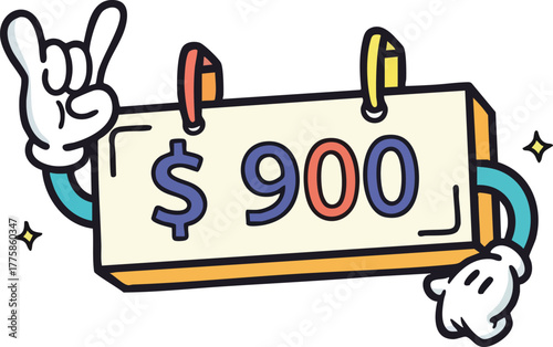 Cartoony Hands Hold Up A Sign With 900 Dollars Price Tag And Sparkles In A Fun Style