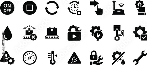 Collection of Black Automative Automation Icons, Maintenance Symbol, Shapes