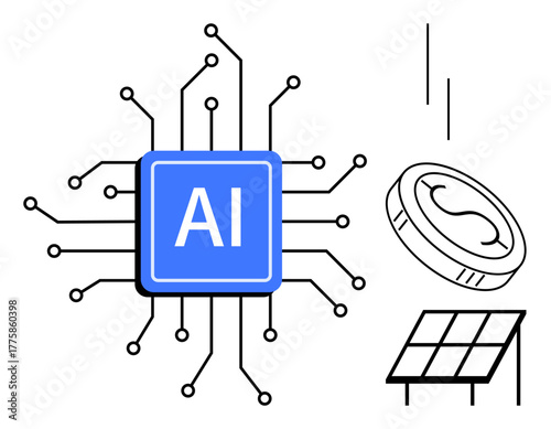 Central AI chip connected by circuits, coin representing cryptocurrency, and solar panel. Ideal for technology, innovation, AI, renewable energy, economy futurism digital transformation. Simple