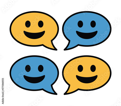 Four speech bubbles with smiley faces, two yellow and two blue