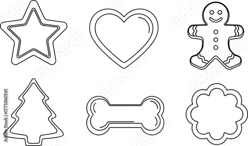Cookie cutter outline shapes, star heart gingerbread tree bone flower designs, baking tool vector set for kitchen and holiday decoration