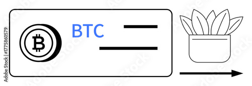 Bitcoin coin and BTC text on card, arrow pointing to a growing potted plant. Ideal for cryptocurrency, finance, blockchain, investment, growth, innovation modern economy. Simple flat metaphor