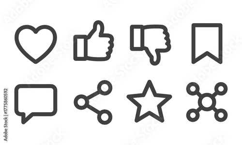 Collection of social media icons including heart, like, dislike, bookmark, chat, share, star, and network