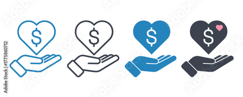 Four icons of a hand holding a heart with a dollar sign