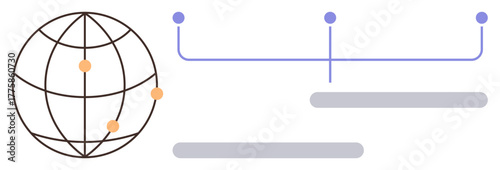 Globe with connection points linked to timeline structure and markers, showing data flow and project milestones. Ideal for teamwork, data analysis, global reach, workflow, progress, organization