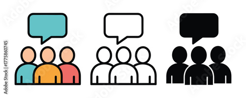 Three different styles of icons representing a group of people with speech bubbles, symbolizing communication and discussion