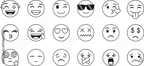 Collection of Outline Style Emoji Set. Various Facial Expressions Isolated