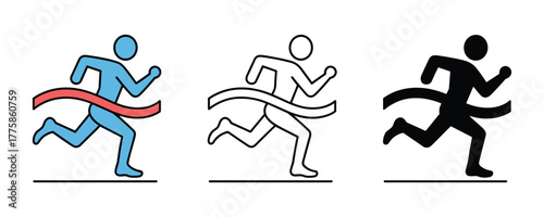 Three icon styles of a runner crossing a finish line with a ribbon, symbolizing achievement, victory, and success in a race