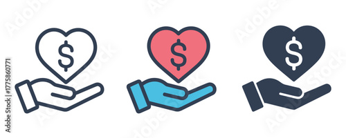 Three icon variations showing a hand holding a heart with a dollar sign, representing charity, donation, and financial support