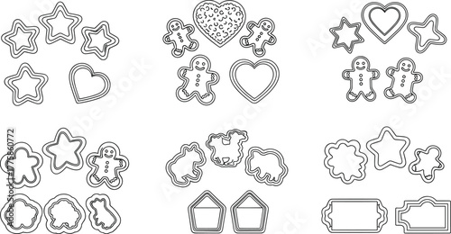 Cookie cutter collection, assorted baking shapes including star heart gingerbread animal and label outlines, vector design for kitchen and holiday decoration